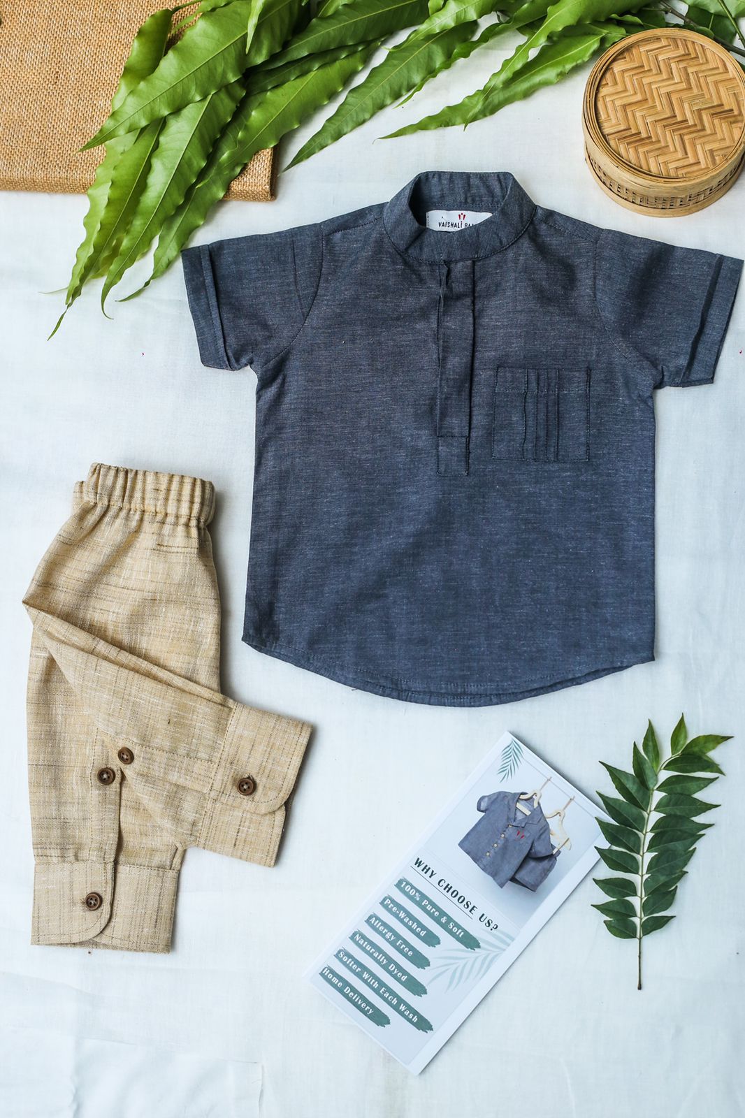 Double Placket Linen Shirt with Sleeves Pants (Set of 2)