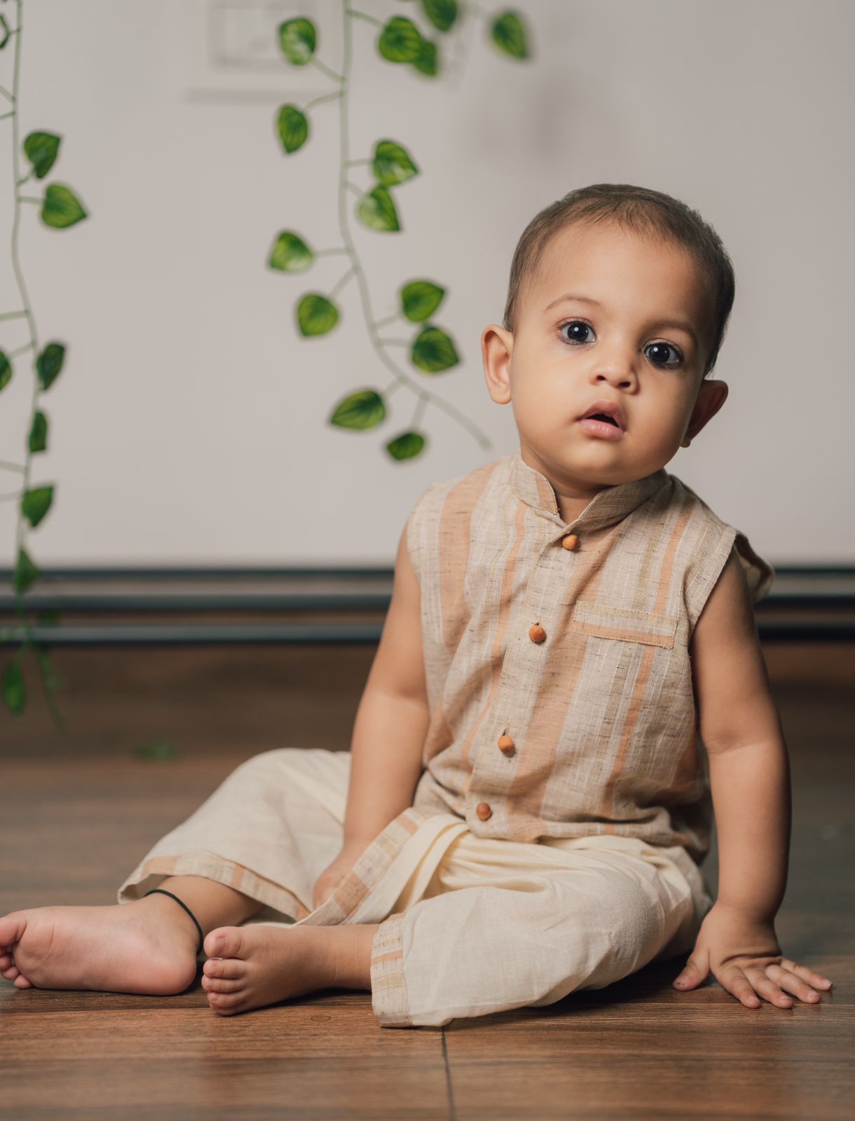 Loom Textured Dhoti-Kurta-Bandi Set (Set of 3)