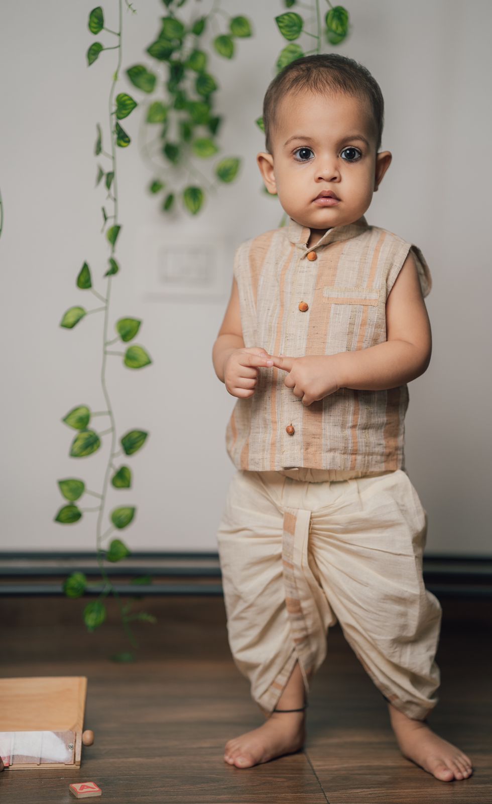 Loom Textured Dhoti-Kurta-Bandi Set (Set of 3)